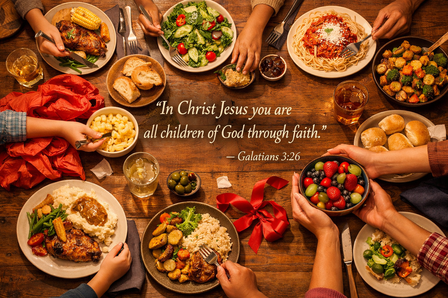 Family dinner table seen from above with different plates sharing the same meal with Galatians 3:26 verse about children of God